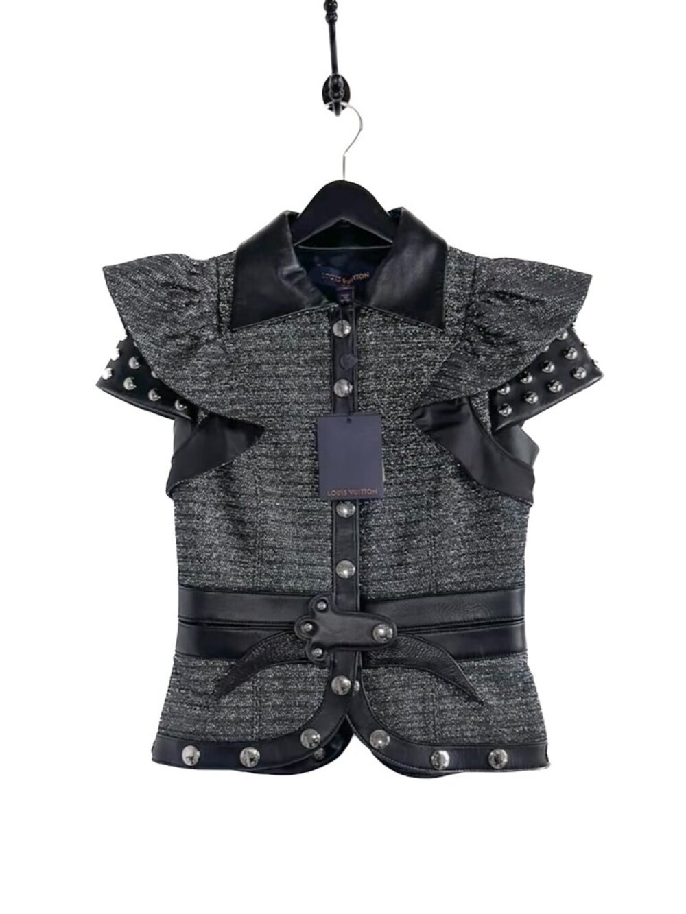 Louis Vuitton Runway Resort 2018 Look 55 Black Leather Tweed Vest Jacket